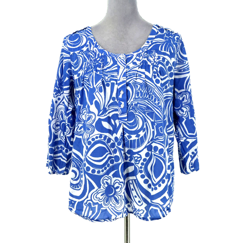 Banana Republic Top Womens Large Blue White Floral Cotton Blouse Epaulettes